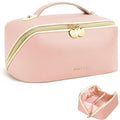 Prite Makeup Bag for Women Travel Waterproof Vegan Leather Cosmetic Bag Open Flat Toiletry Bag With Clear Divider and Handle (Pink, Medium) - color: Pink, size: Medium