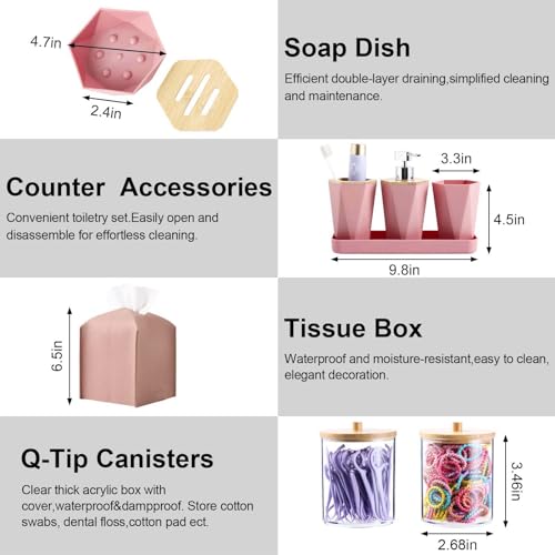 Pink Bathroom Accessories Set, 10 Pieces Bamboo Bathroom Set with Trash Can, Tray, Soap Dispenser, Soap Dish, Toothbrush Holder, Toothbrush Cup, Tissue Holder, Toilet Brush and Qtip Holders - color: Pink