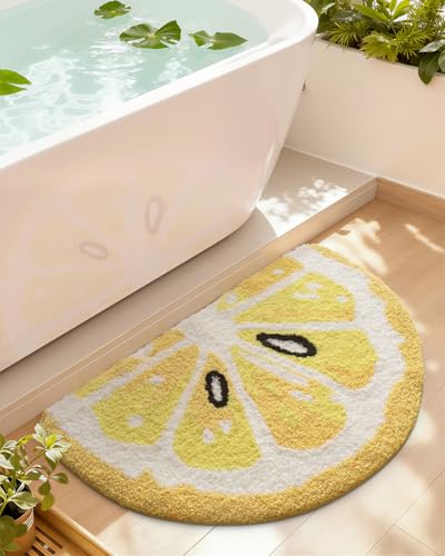 DEXI Cute Bathroom Rugs Half Round, Funny Fruits Absorbent Bath Mat Non Slip Washable, Extra Soft Plush Microfiber Bathmat for Shower Floor, Tub, Sink, Bedroom, 32x20, Lemon - color: Lemon Yellow
