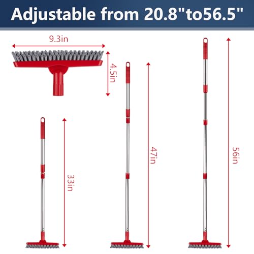 2 Pack Grout Brush with Long Handle, Swivel Cleaning Grout Line Scrubber - Extendable Durable Handle Grout Cleaner Brush for Bathroom,Tile,Baseboard,Walk in Shower,Corner & Narrow Space (Red) - color: Red