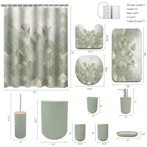 Lnond Sriral Green Bathroom Set, Green Abstract Cubes Bathroom Accessories Sets Complete, Luxury Restroom Set with Shower Curtain and Rugs, Trash Can, Toilet Brush Holder Set & Soap Dispenser - style: Sriral Green