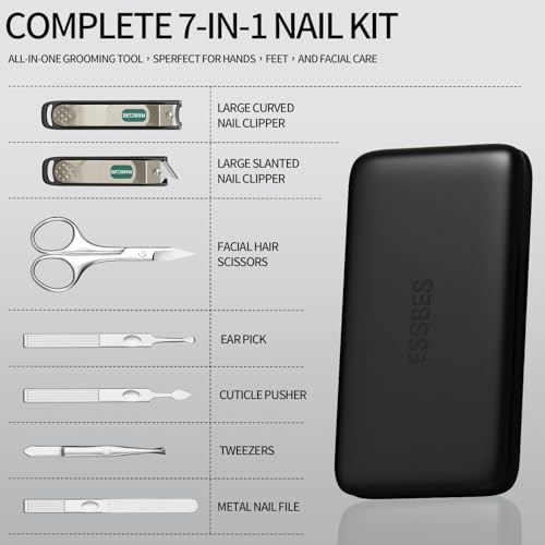 Professional Manicure Set for Men & Women, 7-Piece Stainless Steel Nail Grooming Kit with Large Nail Clippers, Travel Manicure Kit in Black PU Leather Case