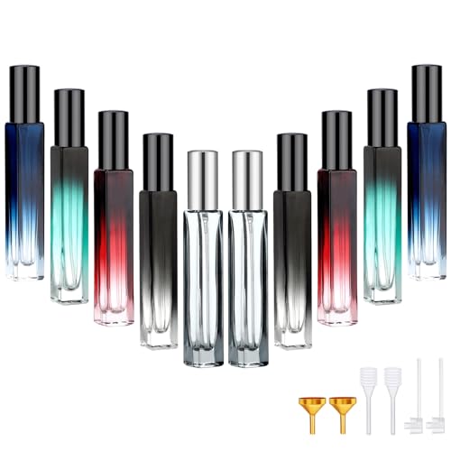 Segbeauty 0.34oz Refillable Glass Perfume Bottle,10 Pack of 10ml Perfume Container For Travel, Empty Atomizer Sprayer for Cologne Dispenser, Travel Sample Bottles Cologne Making Kit with Refill Tool - color: Black Blue Red Green Gray, style: Bulk Mini Bot