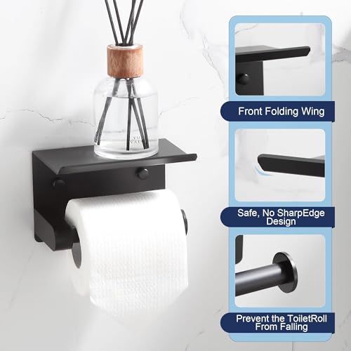 BGL Toilet Paper Holder with Shelf, Matte Black Rustproof Adhesive or Drill Installation Fits Mega Rolls Bathroom Tissue Holder - color: Black