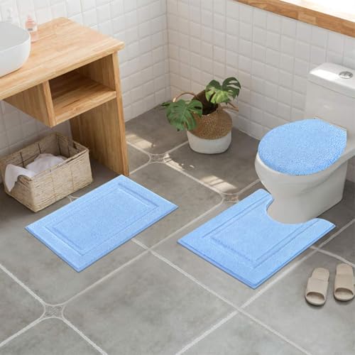 SHACOS Microfiber Bathroom Rugs Set of 3 with Toilet Lid Cover Non Slip | Washable Bath Mat Absorbent Bathroom Carpet 16"x24"+U Shape Toilet Rug 20"x24"+Toilet Lid Cover 19"x21", Light Blue - color: Light Blue, size: 16"x24"+U-Shape 20"x24"+Lid Cover 19"x