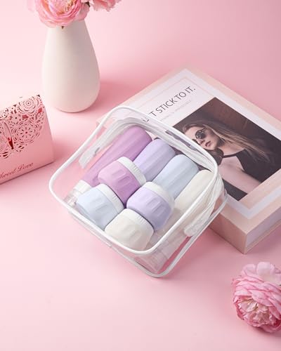Mrsdry Travel Size Toiletries 8 Pack, TSA Approved 3oz/1oz Silicone Refillable Containers with Clear Travel Bag - color: Lavender, size: 3oz bottle 1oz jar