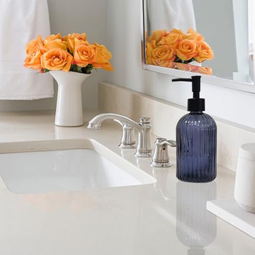 Glass Soap Dispenser with Black Plastic Pump, 13.5oz Refillable Hand Soap Dispenser for Kitchen, Bathroom, Great for Lotions, Essential Oil, Liquid Soap(Grayish Blue) - color: Grayish Blue