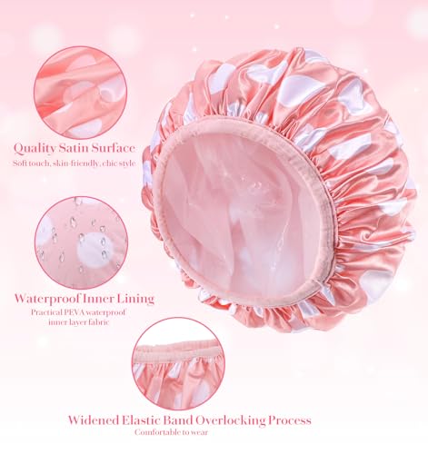Pink Shower Cap, Double-Sided Reusable Washable Shower Cap for Women, Adjustable & Reusable, Cute Dot Print, Keeps Hair Dry, Suitable for Long Thick Hair（Comes with a Matching Cute Hairband）