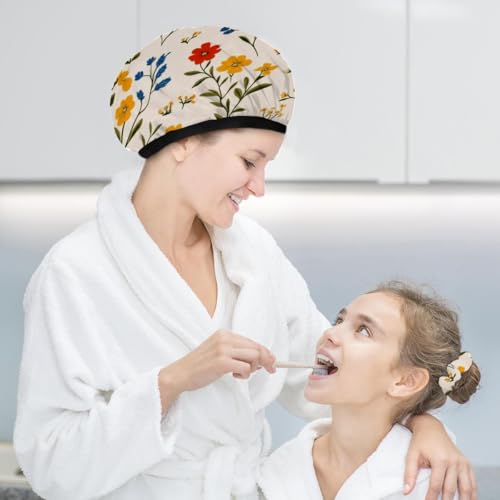 2 Packs Floral Pattern Shower Caps, Waterproof Reusable Bath Caps for Women, Large Shower Hat with Hair Ties Set for Long Thick Hair