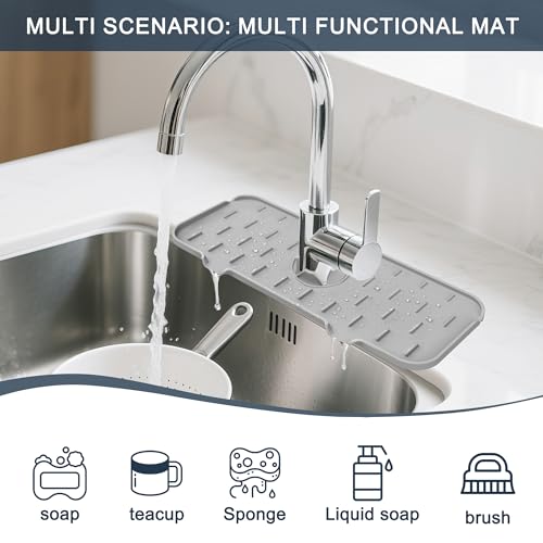 Kitchen Sink Splash Guard - Silicone Faucet Mat for Kitchen Sink Light Gray | Water catcher mat, Sink drain pad behind faucet, Sink rubber mat around faucet guard & draining mat, bathroom sink protector - color: Light Gray
