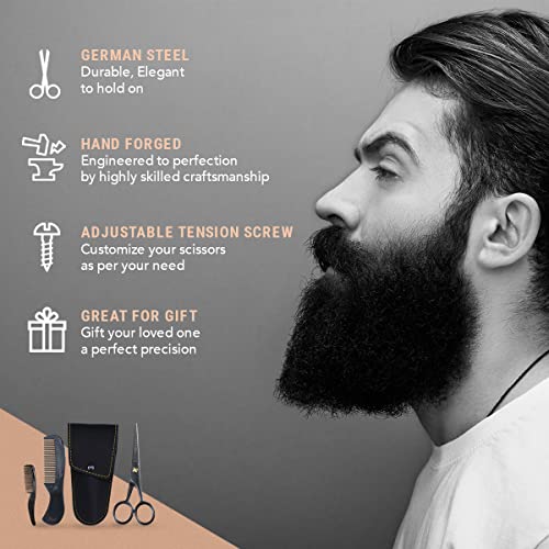 5" Beard and Mustache Scissors for Men with Combs - German Steel - Black | Bevel-Edge Precision Styling Scissors - Complete Beard and Moustache Trimming Kit - color: Black