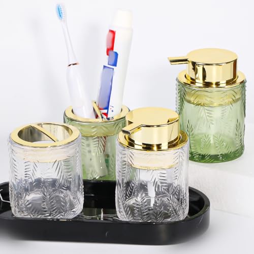 2pcs Glass Bathroom Accessories, Green Bathroom Set, Toothbrush Holder and Soap Dispenser, Gold Soap and Toothbrush Holder Set for Vanity Countertop Decor