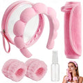 Real Perfection Spa Headband for Washing Face, Skincare Headband Wristband Set for Facial Mask Skin Care, Makeup Remover Towel Cloth Small Spray Bottle with Travel Makeup Bag Gifts for Women - Pink - color: Pink