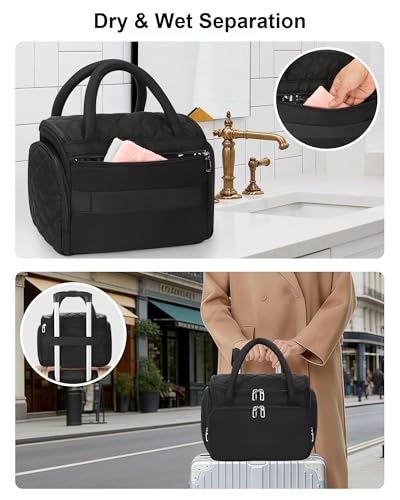 Travel Toiletry Bag for Women with Hanging Hook, Large Wide-open Travel Bag with 2 Removable Dividers, Puffy Makeup Bag Organizer with Compartments for Full Sized Container, Cosmetics, Toiletries - color: Black, size: X Large