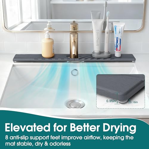 Quick Dry Stone Faucet Mat for Kitchen Sink - 23.6"x3.9" Natural Diatomite Stone Drying Mat for Kitchen Counter, Auto Drainage Sink Protector, Water Splash Guard for Bathroom (Dark Grey)