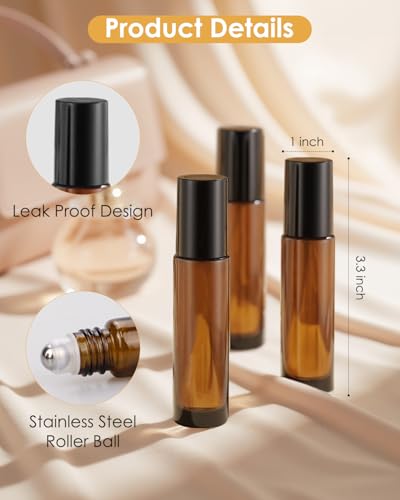 Worldgsb 25 Pack Essential Oil Roller Bottles, 10ml Refillable Amber Glass Roller Bottles with Stainless Steel Roller Balls and Caps for Travel, Perfume and Lip Gloss - color: Amber, style: 25 Pack