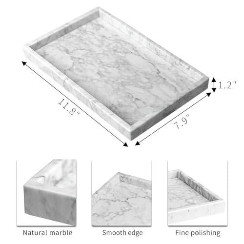 Genuine Marble Tray for Bathroom Sink, Perfume Tray for Vanity, Real Stone Tray for Home Decor, White Marble Storage Tray for Kitchen, Canisters Tray for Bathroom Countertop (Carrara White-12"x8"x1")