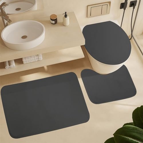 Bathroom Rugs Set 3 Piece Simple Stylish Chic Dark Gray Bath Rug Mat Set, Non Slip Absorbent Bathroom Decor Mat, Toilet Lid Cover & U Shaped Contour Rug - color: Dark Gray, size: 1'8" x 2'6" (Rectangular)