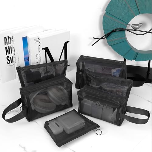 6 Pieces Zipper Mesh Makeup Bags Set, Nylon Cosmetic Bags Portable Clear Toiletry Bas Travel Organizer Bags for Office Travelling Organization (Black, Assorted Size) - color: Black