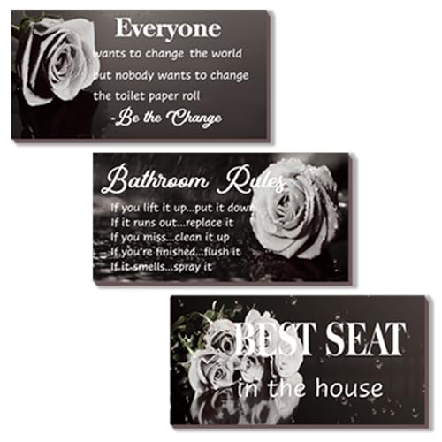 DONFENTHY 3 Pcs Black White Bathroom Rules Decor White Bathroom Decor Rustic Wooden Best Seat in The House Black Rose Hanging Wall Art Accessories for Toilet (10x5") - color: White Rose