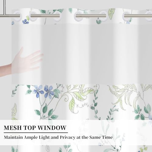 No Hook Floral Shower Curtain with Snap in Liner 71x74 Inch | Blue Green Botanical Vine Shower Curtains for Farmhouse Cottagecore Bathroom, Waterproof Fabric with Mesh Top Window - color: Blue Botanical