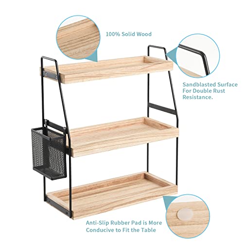 Bathroom Counter Organizer, 3-Tier Standing Storage Shelf with Basket, Wood Tray for Skincare Vanity Organizer - style: 3 Tier Brown