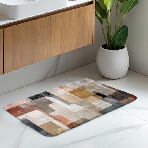 Boho Abstract Beige Brown Grey Bath Rug, Midcentury Art Geometric Floor Mat Non-Slip Microfiber Soft Plush Bathroom Mat Carpets Floor Mat for Bedroom Kitchen Bathroom Toilet 17x29 Inch - color: Beige Brown