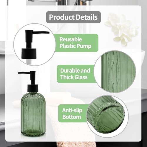 14oz Green Glass Soap Dispenser with Black Pump – Refillable for Hand Soap, Dish Soap, Lotion, Suited for Kitchen, Bathroom & Laundry Room (Olive Green) - color: Olive Green