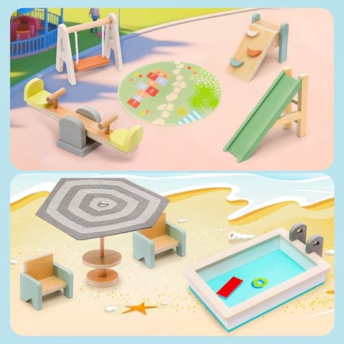 HAPGFS Wooden Doll House Furniture and Accessories Outdoor Play Set for Kids- Includes Slide, Swing, BBQ Grill, Pool & Garden - Perfect Doll House Decor Gift for Children 3-6 Years Birthday Christmas - style: Outdoor