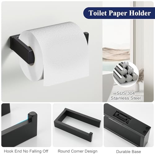 3 Pieces Matte Black Bathroom Hardware Accessories Set,SUS304 Stainless Steel Towel Holder Set Towel Holder Robe Hook Toilet Paper Holder Wall Mounted - color: Matte Black