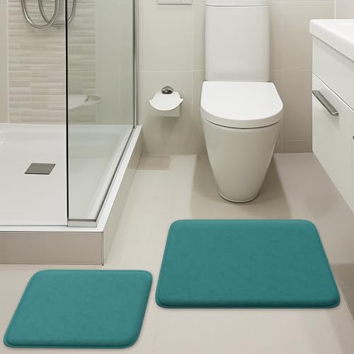 2-Piece Bathroom Rug Set - Memory Foam Bath Mats, Ultra-Soft, Water Absorbent, Machine Washable Teal Bathroom Rugs - color: Aqua Teal, size: 2-Piece Set