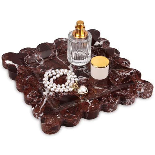 Square Marble Decorative Tray with Scalloped Edge,Luxury Natural Stone Bathroom Vanity Tray, Dresser Top Perfume Coffee Home Kitchen Sink Tray, Key Trinket Ring (Rosso Lepanto, 8 * 8) - color: Rosso Lepanto, size: 8" x 8" x 0.8"