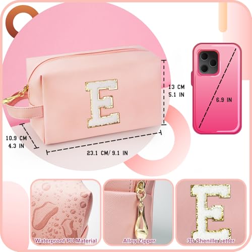 Personalized Initial Makeup Bag with Handle, Preppy Cosmetic Bag with Inner Zipper Pocket, 8 9 10 11 12 13 14 Years Old Girl, Graduation Gifts for Teen Girls Women Teachers (E, Pink) - color: Pink, style: E