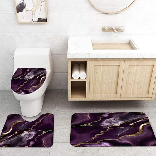 NEWSUYAA Dark Purple Marble Shower Curtain with Bath Rugs Bathroom Sets, 4 Pcs Marble Patterns with Gold Lines Bath Décor Includes Toilet Seat Cover U-Shape Mat Absorbent Carpets, - color: Dark Purple