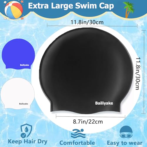 3 Pack Extra Large Swim Cap for Braids & Dreadlocks - Waterproof Silicone Swim Hat for Women with Long Thick Hair, Protective Swim Cap Cover Ears for Swimming, Shower, Bathing - color: Black+Blue+White