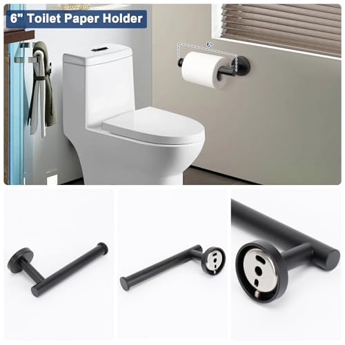 NearMoon 5 Pieces Bathroom Hardware Set SUS304 Thicken Stainless Steel-Towel Rack Kit Include 24" Towel Rod + Bath Towel Ring + Toilet Paper Holder + Robe Towel Hooks Bath Accessories (Matte Black) - color: Matte Black