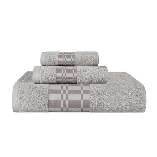 Superior 3-Piece Cotton Towel Set, Geometric Design, Dobby Border, Plush Quick Dry Towels, Decorative Bathroom, Spa, Includes 1 Bath, 1 Hand, 1 Face Towel/Washcloth, Larissa Collection, Chrome - color: Chrome, size: 3 Piece Towel Set