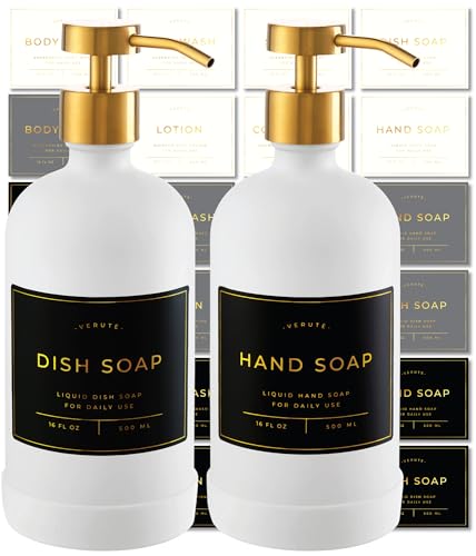 Hand and Dish Soap Dispenser for Kitchen and Bathroom, Set of 2 16 Oz Glass Bottles, Stainless Steel Pumps, Non-Slip Silicone Base, 27 Waterproof Labels (Matte White Bottle/Brushed Gold Pump) - color: Matte White Bottle / Brushed Gold Pump