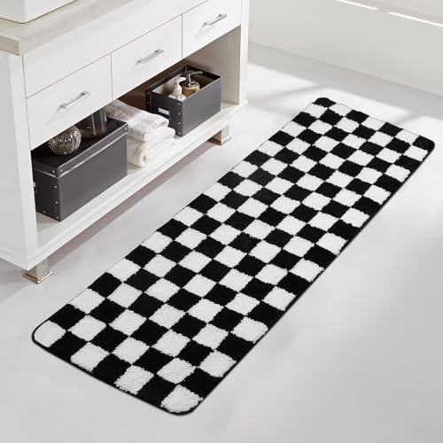 Uphome Bathroom Runner Rug, Black and White Checkered Long Machine Washable Bath Mat Non Slip, 18x47 Water Absorbent Soft Microfiber Bath Rug for Tub, Shower, Floor - size: 18x47 inch