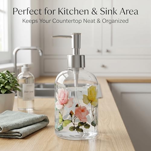 Topadorn Hand and Dish Soap Dispenser Set, 2 Pack 17oz Glass Soap Dispensers with Pump, Refillable Kitchen Soap Bottles, Coordinated Floral Bathroom Counter Decor - color: Purple&yellow
