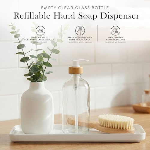 SAVVY & SORTED Glass Hand Soap Dispenser Bathroom, Dish Soap Dispenser for Kitchen Sink, Refillable Clear Glass Bottles with White Bamboo Pump for Liquid Hand Wash, 17 Fl Oz / 500 ml - color: Clear Bottle - 500 Ml