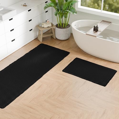 Hiasan Set of 2 Waffle Bath Mat, Super Absorbent Non Slip Bathroom Boho Rug with Tassels, Machine Washable Bath Mats for Bathroom, Ultra Soft Rubber Backed Rug, Black, 16" x 24" + 24" x 60" - color: Black, size: 16" x 24" + 24" x 60"