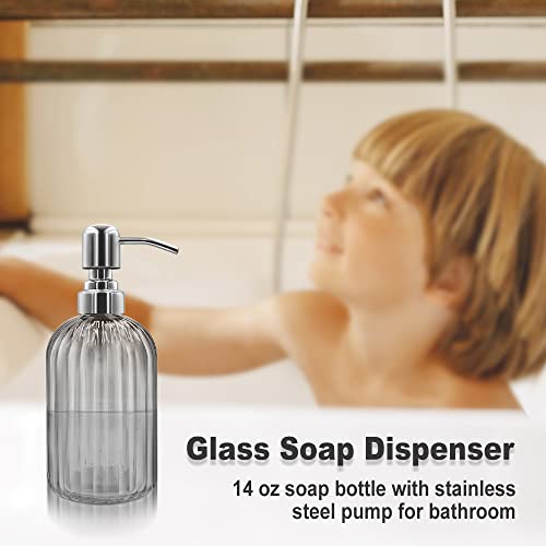 14 Oz Glass Soap Dispenser with 304 Rust Proof Stainless Steel Pump, Refillable Hand Liquid Soap Dispenser for Bathroom, Kitchen, Countertop, Laundry Room (Dark Grey) - color: Gray