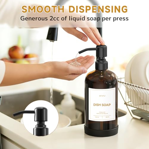 Kitchen Soap Dispenser Set – 16.8oz/500ml Glass Hand and Dish Soap Dispenser with Stainless Steel Pumps & Non-Slip Silicone Base, Luxury Countertop Decor for Home, Airbnb, Hotel (Amber & Black) - color: Amber & Black