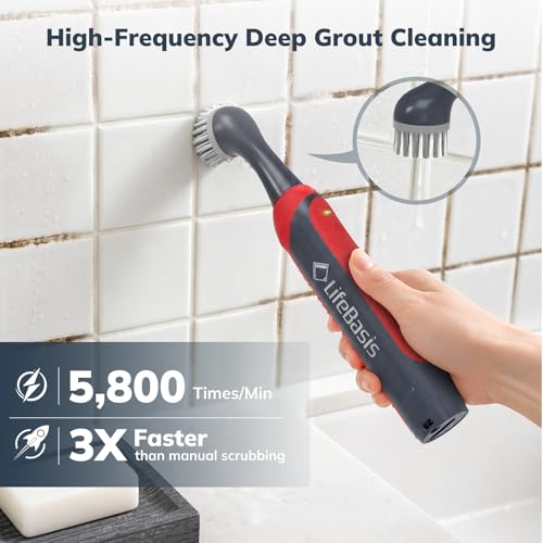 LifeBasis Rechargeable Power Scrubber 11-Piece Kit, Cordless Electric Cleaning Brush, IPX7 Waterproof Electric Grout Brush for Home, Kitchen, Bathroom, Grout, Tile, Shower, Tub, Red
