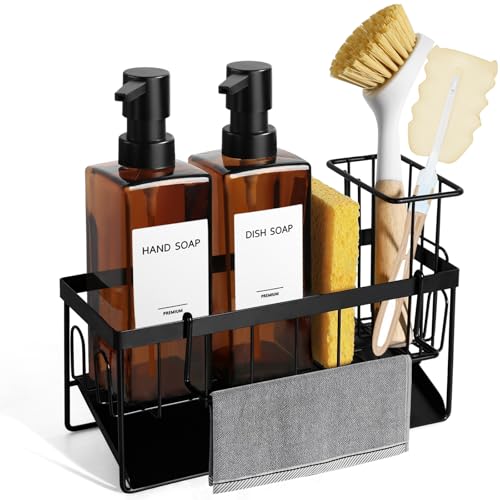 GMISUN Dish Soap Dispenser, 12 Fl oz / 350 ml Dual Soap Dispenser with Sponge Holder, Customized Amber Glass Kitchen Soap Dispensers Set, Modern Hand and Dish Soap Dispensers Set Removable - color: Amber Bottle + Black Rack