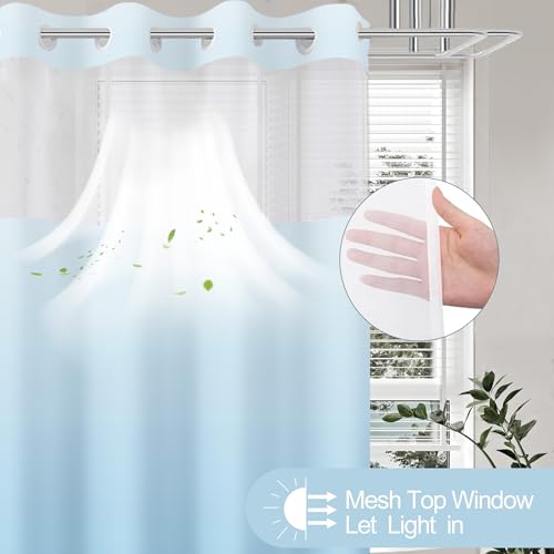 No Hook Shower Curtain with Snap in Liner, Ombre Sky Blue Shower Curtains and Liner Set, Hotel Fabric Bath Curtain for Bathroom, Mesh Top Window Waterproof Washable, 71" x 74" - color: Ombre Sky Blue, size: 71"W x 74"L (Pack of 1)