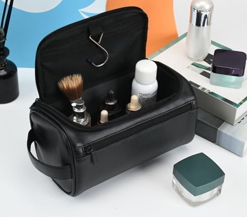 Toiletry Bag for Men, Travel Shaving Dopp Kit Water-resistant Bathroom Toiletries Organizer PU Leather Cosmetic Bags - color: black