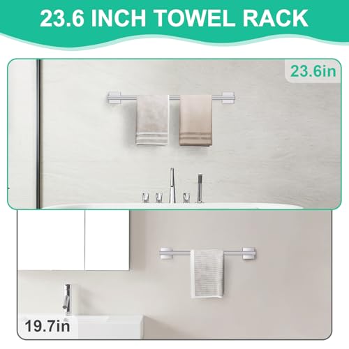 Chrome Bathroom Hardware Towel Bar Set, 5 Pieces Double Dase Toilet Paper Holder Towel Holder Set, 23.6 Inch Stainless Steel Towel Rack for Bathroom Wall Mount - color: Polished Chrome, size: 5pieces B