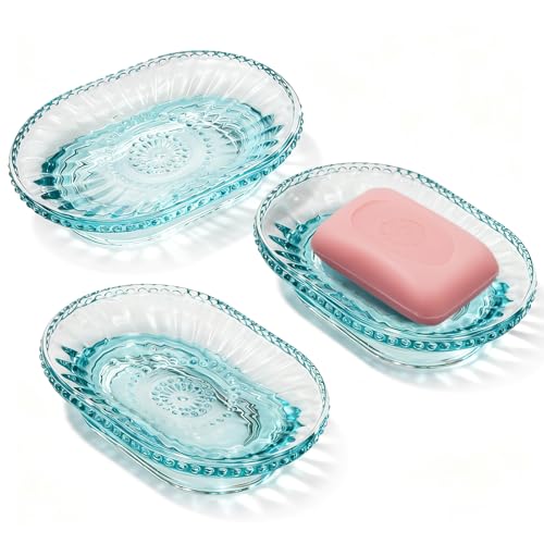 Foraineam 3 Pack Glass Soap Dish, Decorative Embossed Bar Soap Saver Tray Holder for Shower Room, Bathtub, Bathroom Counter, Kitchen Sink